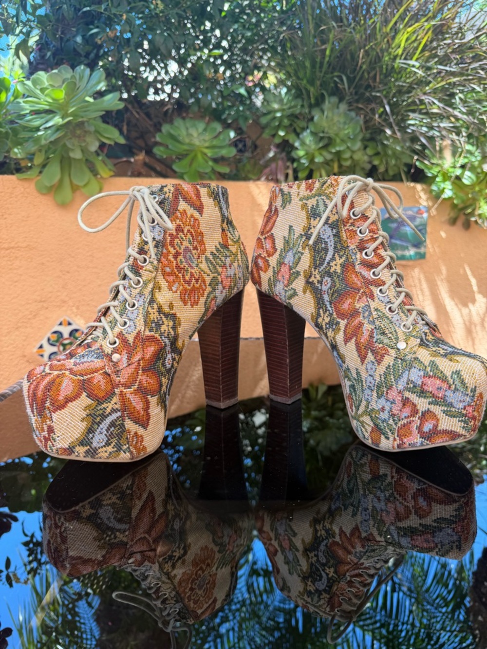 Floral Tapestry Lace-Up Platform Booties in Multi